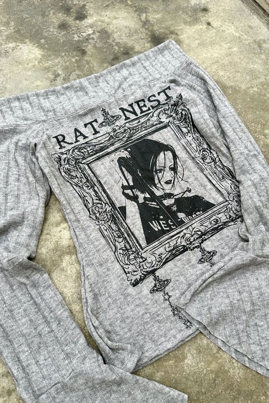 Gri Rat Nest Goth Girl Manga İspanyol Kol Y2K Uzun Kollu Crop