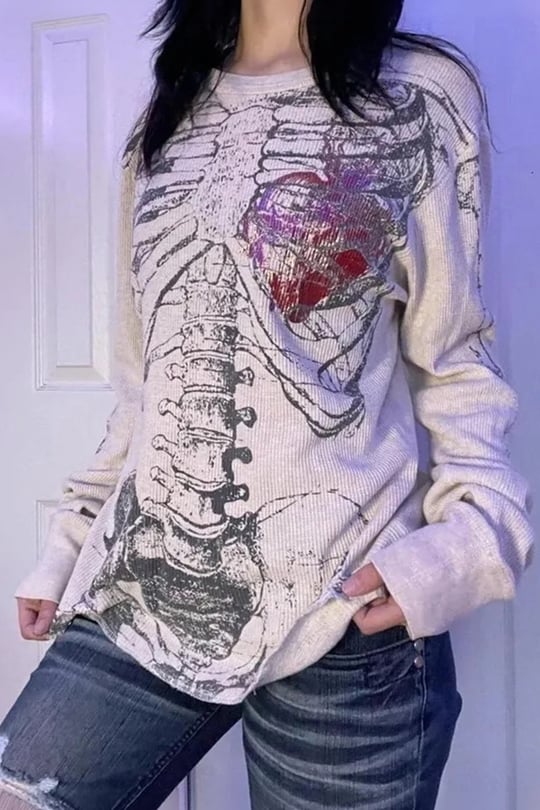 Gri Skeleton Anatomik Red Hearth Gotik Y2K Unisex Sweatshirt
