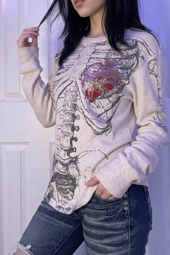 Gri Skeleton Anatomik Red Hearth Gotik Y2K Unisex Sweatshirt