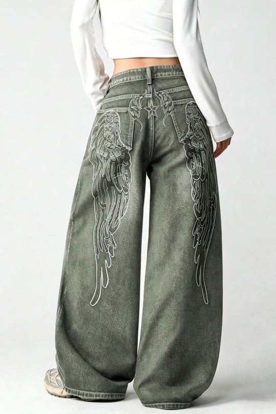 Haki Yıkamalı Melek Kanatlı Harajuku Y2K Unisex Baggy Pantolon