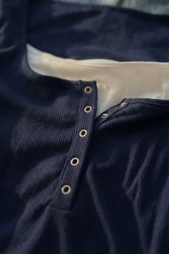 Lacivert Henley Yaka Ekli Grunge Y2K Uzun Kollu Crop