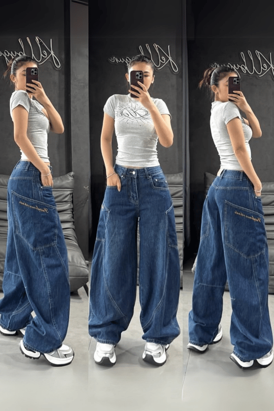 Lacivert Kanguru Cepli Salaş Baggy Kot Pantolon