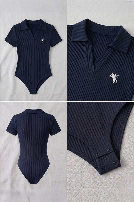 Lacivert Polo Ribana Y2K Çıtçıtlı Body