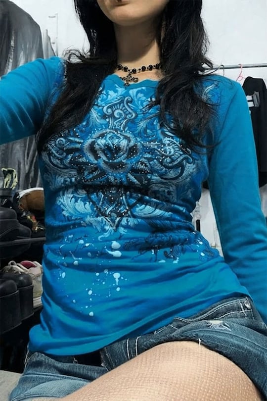 Mavi Gotik Rose Harajuku Y2K Uzun Kollu Crop