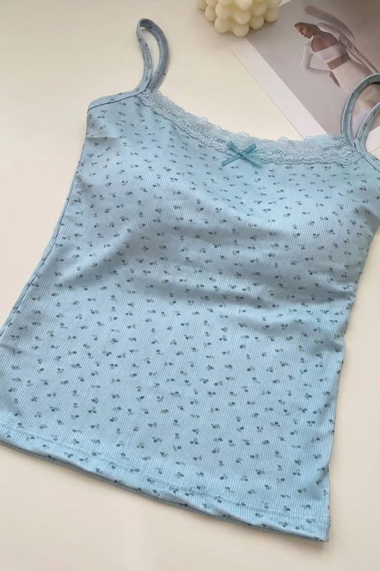 Mavi Minik Fiyonk Ve Çiçek Desenli Y2K Destekli Askılı Crop 