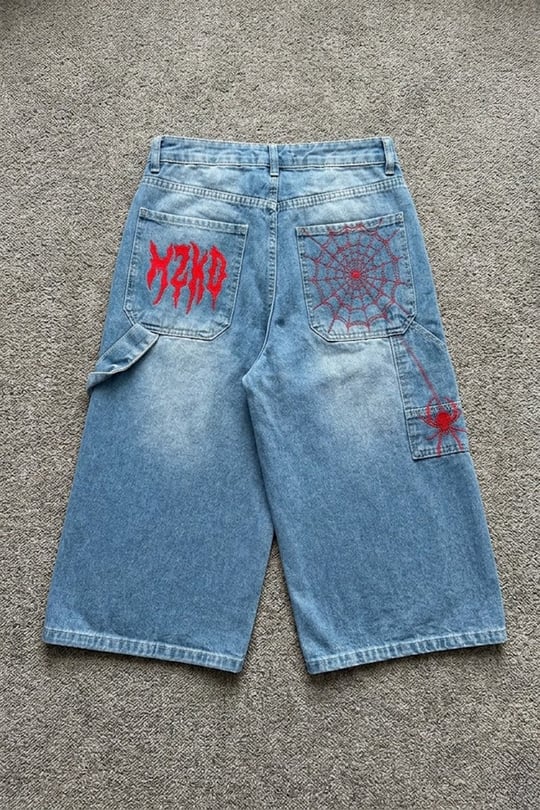 Mavi Taşlamalı kırmızı MZKD Spider Y2K Baggy Unisex Şortolon