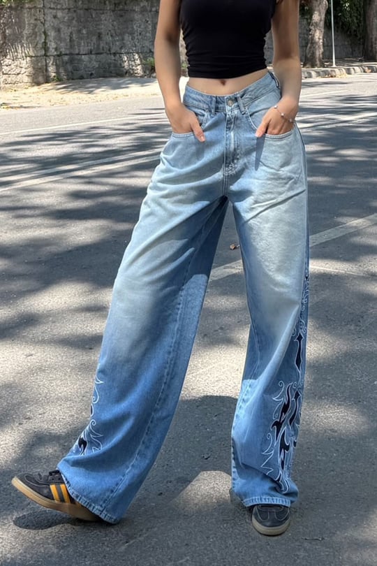 Mavi Tribal Taşlamalı Gotik Y2K Unisex Baggy Pantolon
