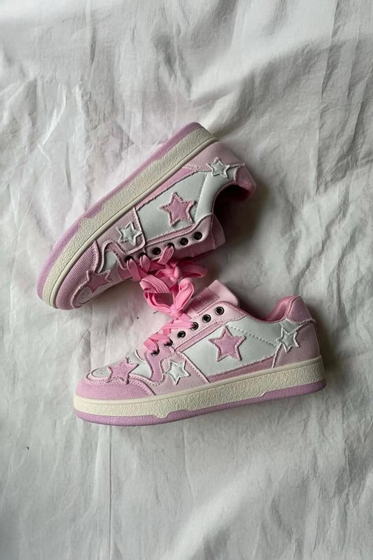 Pembe Beyaz Denim Yıldız Nakışlı Harajuku Y2K Sneaker Ayakkabı