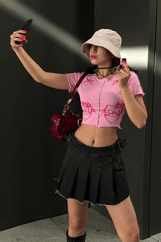 Pembe Hello Kitty - Ruchinleck Grunge Y2K Kısa Kollu Crop 