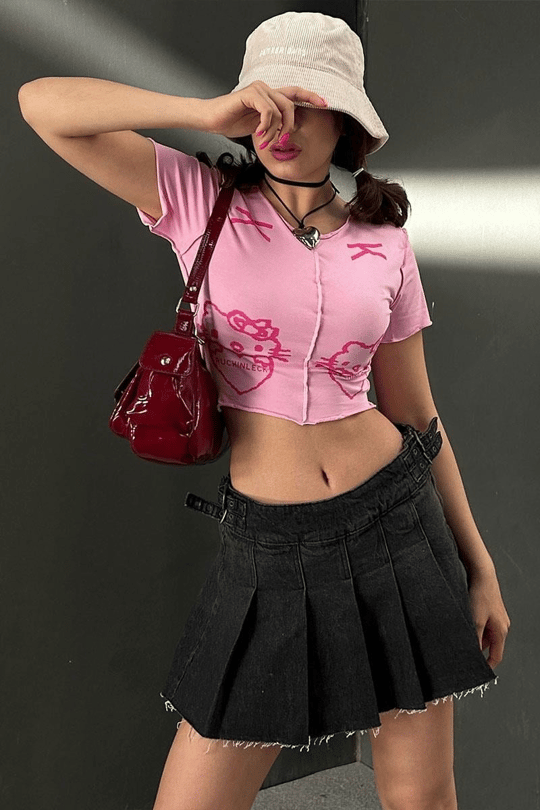 Pembe Hello Kitty - Ruchinleck Grunge Y2K Kısa Kollu Crop 