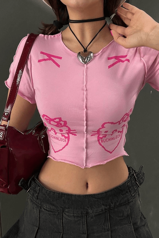 Pembe Hello Kitty - Ruchinleck Grunge Y2K Kısa Kollu Crop 