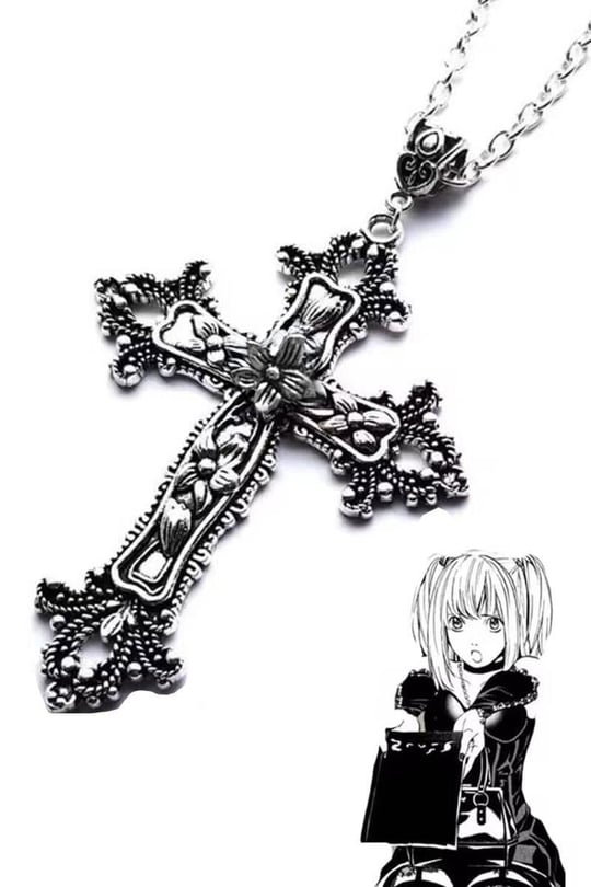 Silver Anime Misa Çiçek Motifli Haç Kolye