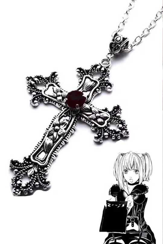 Silver Anime Misa Haç Siyah Taş Detaylı Kolye