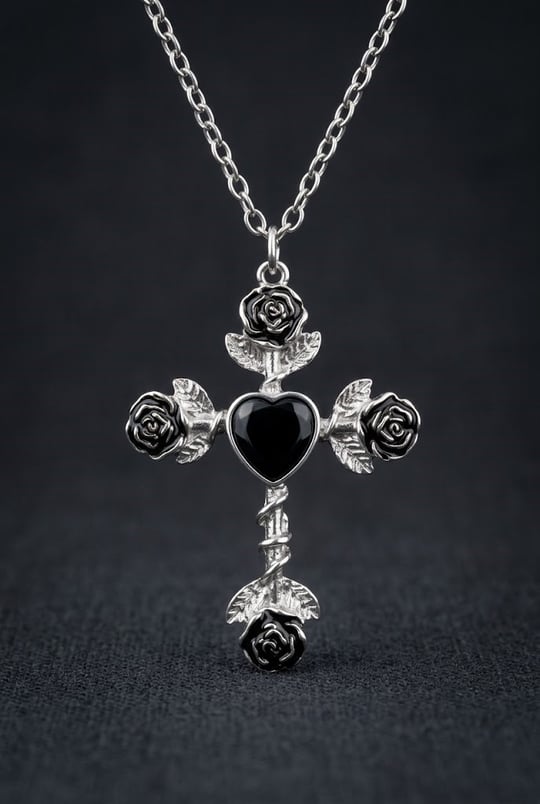 Silver Gotik Heart Black Stone Rose Kolye