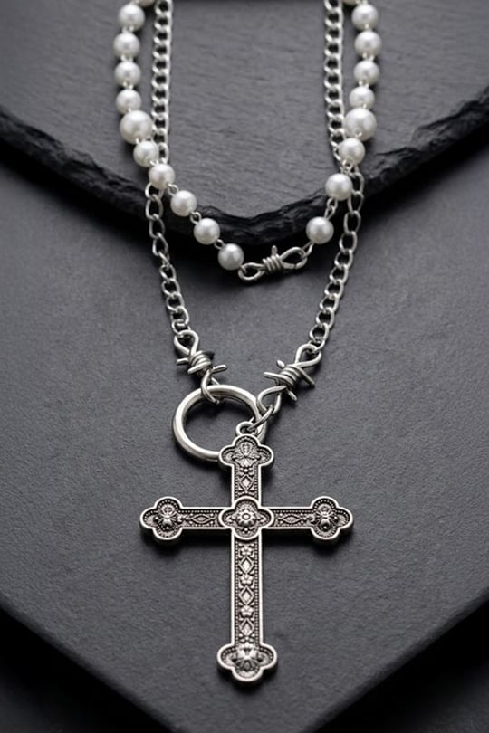 Silver İnci Şeritli Cross Diken Detaylı  Gotik Kolye