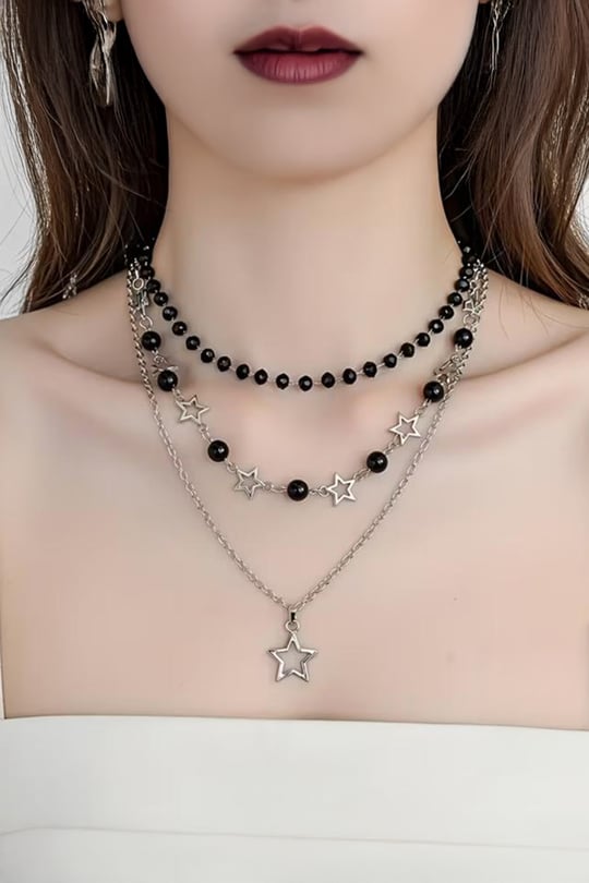 Silver Star Boncuklu Üçlü Grunge Kolye