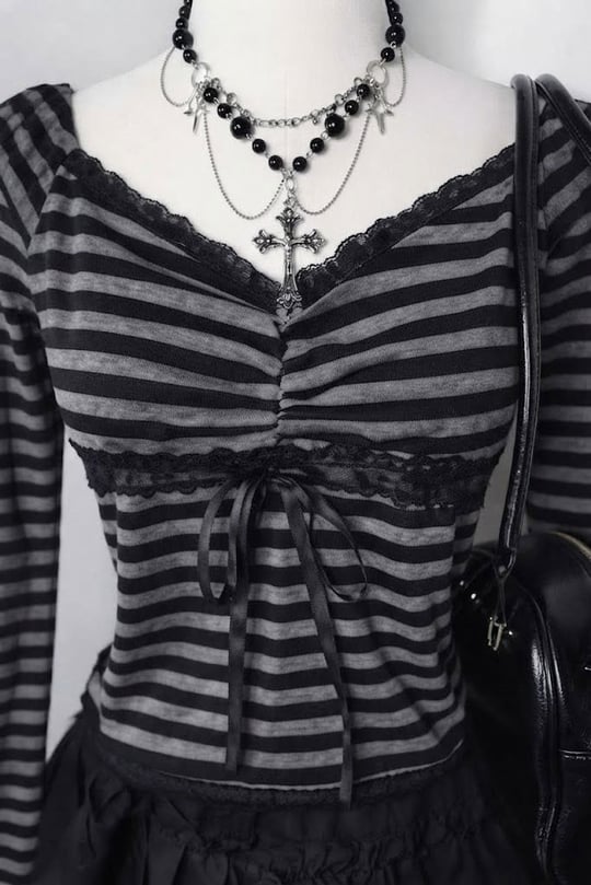 Siyah Antrasit Çizgili Grunge Fiyonklu Dantelli Y2K Uzun Kollu Crop