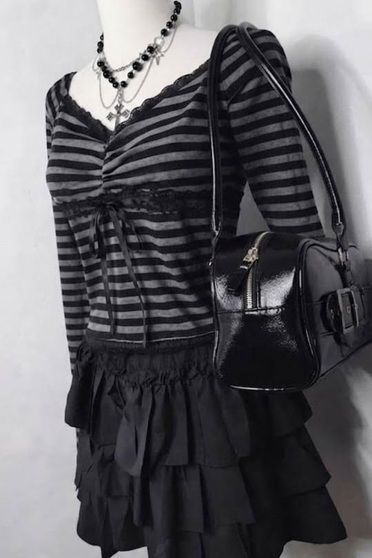 Siyah Antrasit Çizgili Grunge Fiyonklu Dantelli Y2K Uzun Kollu Crop