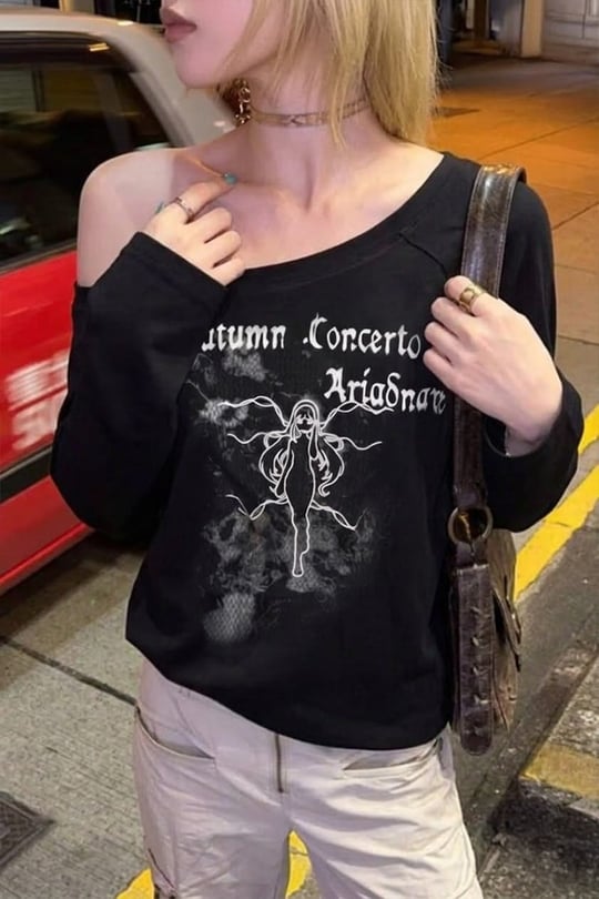 Siyah Autumun Corcerto Salaş Omuz Dekolteli Y2K Uzun Kollu Off-Shoulder T-Shirt