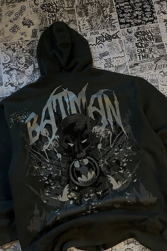 Siyah Batman Sırt Baskılı Cartoon Unisex Hırka