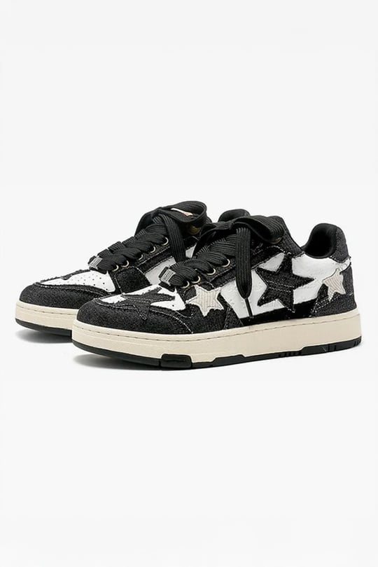Siyah Beyaz Denim Yıldız Nakışlı Harajuku Y2K Sneaker Ayakkabı