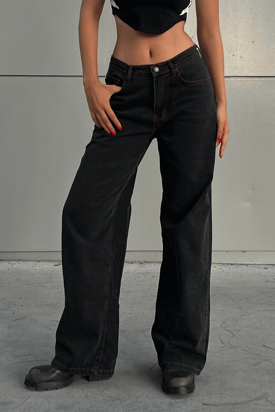 Siyah Double Fire Skull Kırmızı Dikişli Harajuku Baggy Pantolon