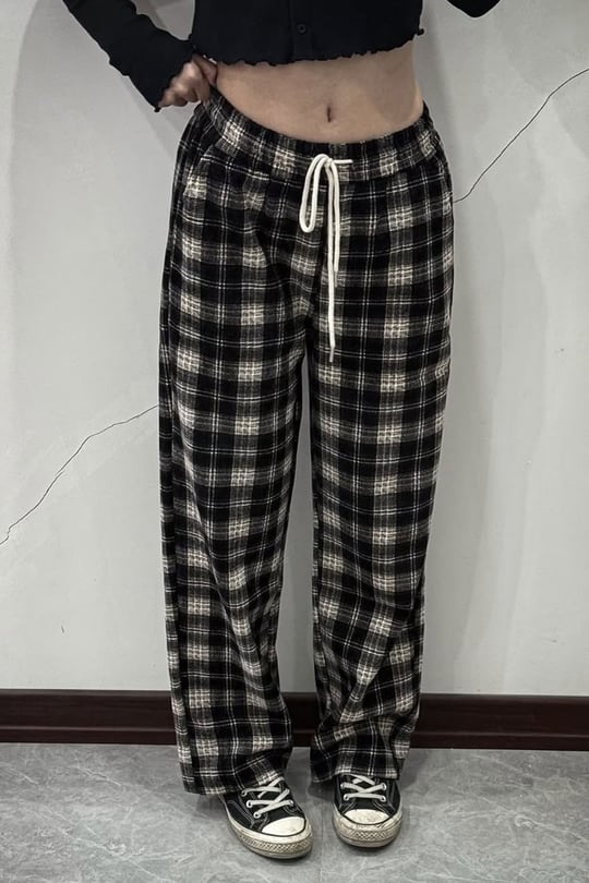 Siyah Ekoseli Beli Lastikli Y2K Unisex Eşofman