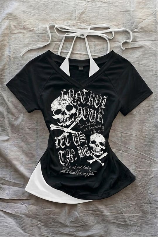 Siyah Gotik Skulls Control Ek Askılı Y2K Kısa Kollu Crop 
