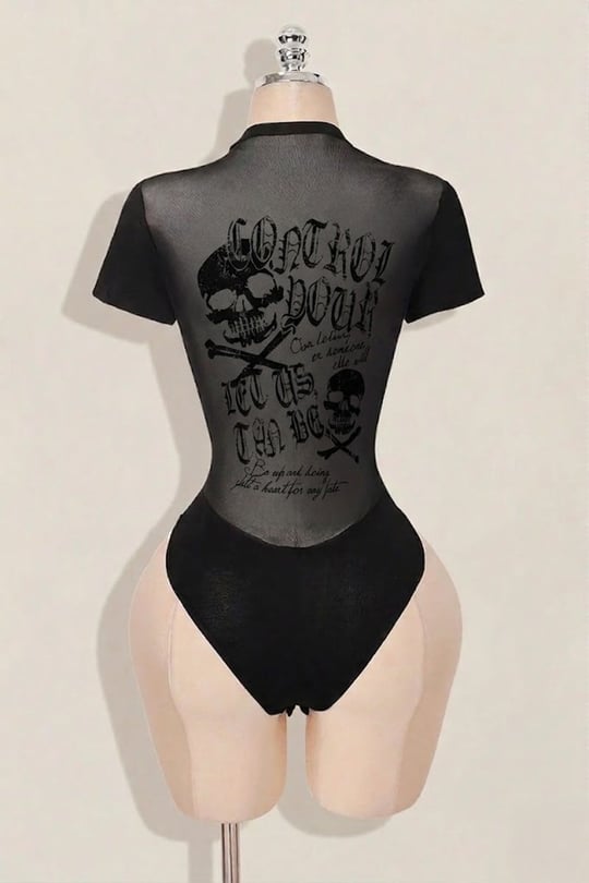 Siyah Gotik Skulls Control Transparan Kısa Kollu Çıtçıtlı Body