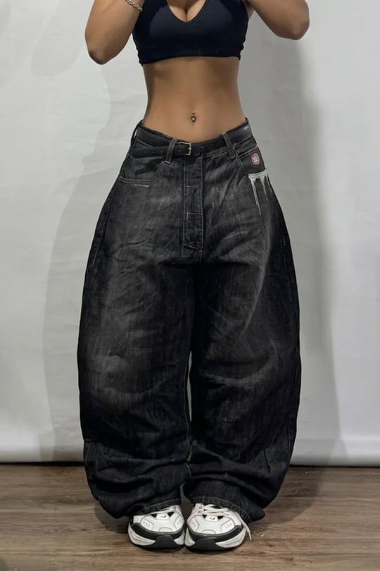 Siyah Grafiti Yıkamalı Harajuku Baggy Y2K Unisex Pantolon