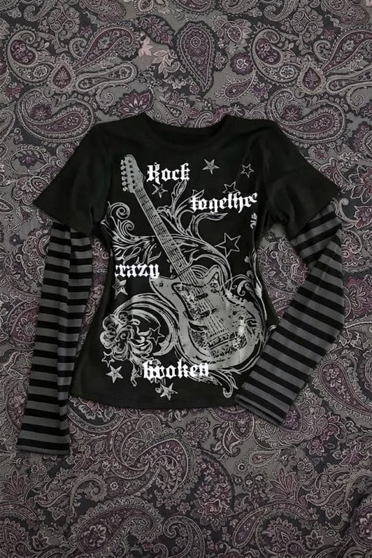 Siyah Guitar Siyah Antrasit Kollu Çizgili Y2K Unisex Sweatshirt