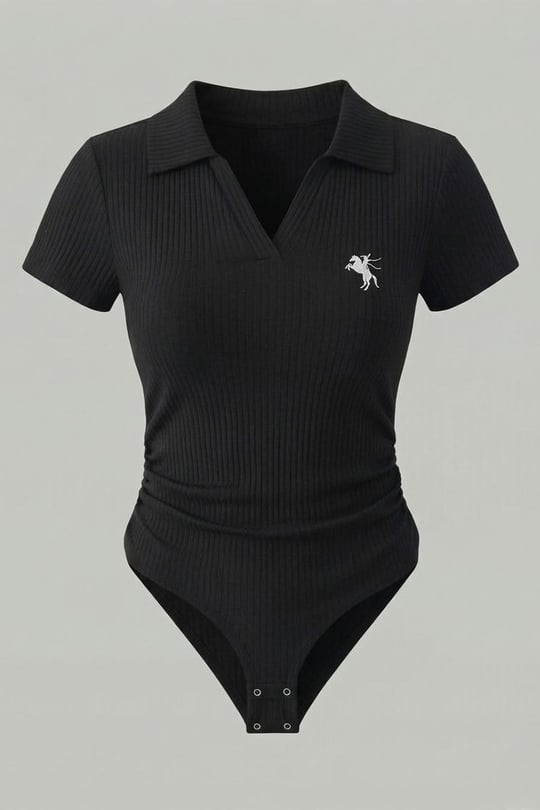 Siyah Polo Ribana Y2K Çıtçıtlı Body