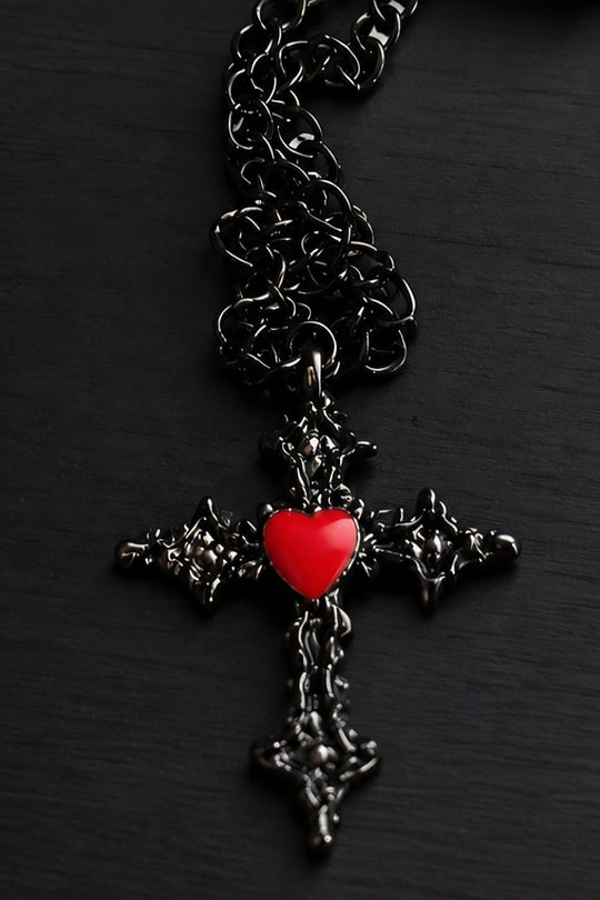 Siyah Red Heart Cross Gotik Kolye