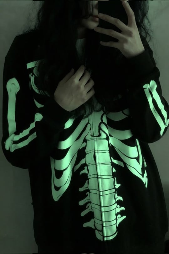 Siyah Skeleton Body Fosforlu Gotik Halloween Unisex Hırka