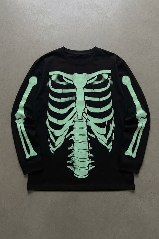 Siyah Skeleton Body Fosforlu Gotik Halloween Unisex Sweatshirt