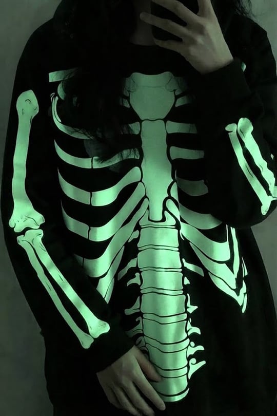Siyah Skeleton Body Fosforlu Gotik Halloween Unisex Sweatshirt