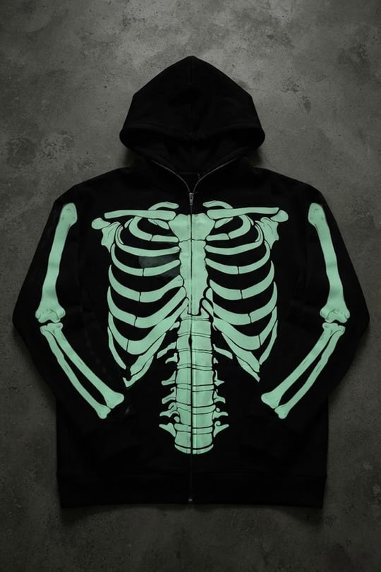 Siyah Skeleton Body Fosforlu Gotik Halloween Unisex Hırka
