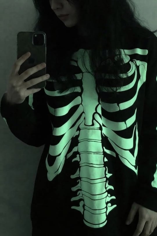Siyah Skeleton Body Fosforlu Gotik Halloween Unisex Sweatshirt
