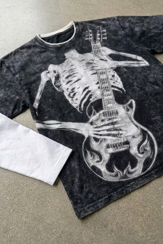 Siyah Skeleton Guitar Gotik Beyaz Kollu Y2K Uzun Kollu T-Shirt