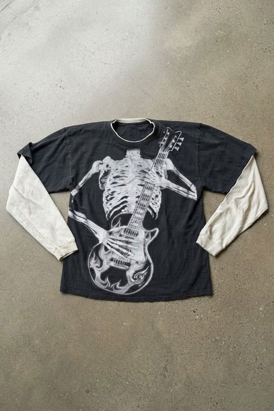 Siyah Skeleton Guitar Gotik Beyaz Kollu Y2K Uzun Kollu T-Shirt
