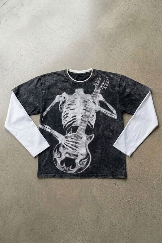 Siyah Skeleton Guitar Gotik Beyaz Kollu Y2K Uzun Kollu T-Shirt