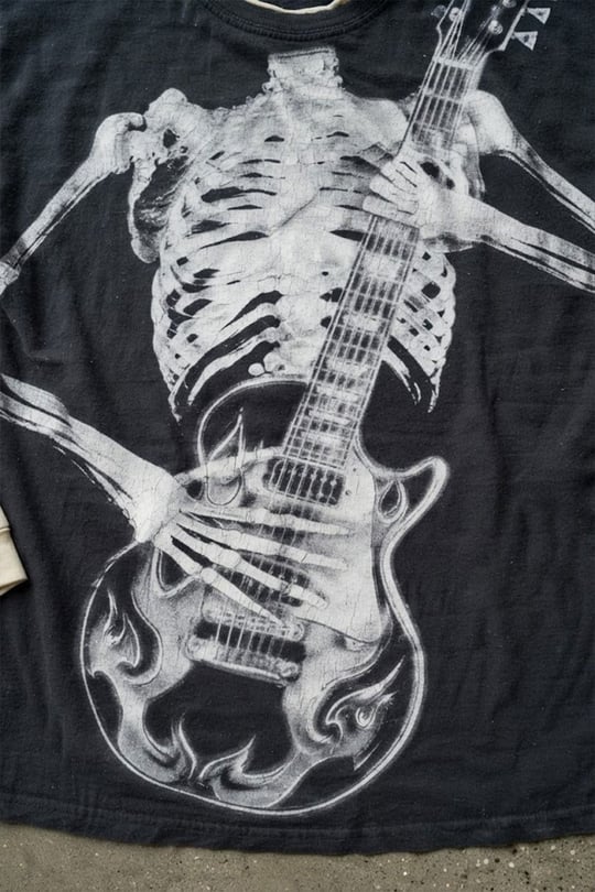 Siyah Skeleton Guitar Gotik Beyaz Kollu Y2K Uzun Kollu T-Shirt