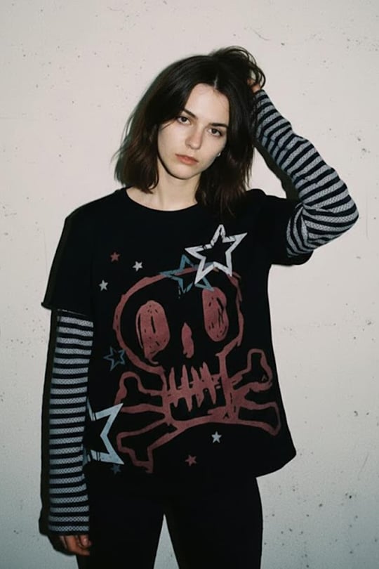 Siyah Skull Stars Çizgili Kollu Y2K Unisex Uzun Kollu T-Shirt 