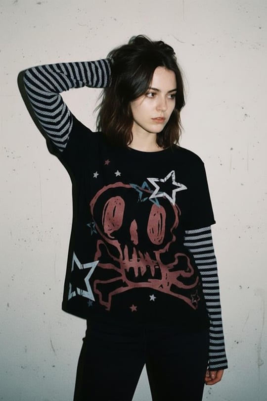 Siyah Skull Stars Çizgili Kollu Y2K Unisex Uzun Kollu T-Shirt 