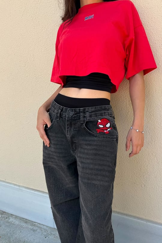 Siyah Spider Man Nakışlı Y2K Unisex Baggy Pantolon