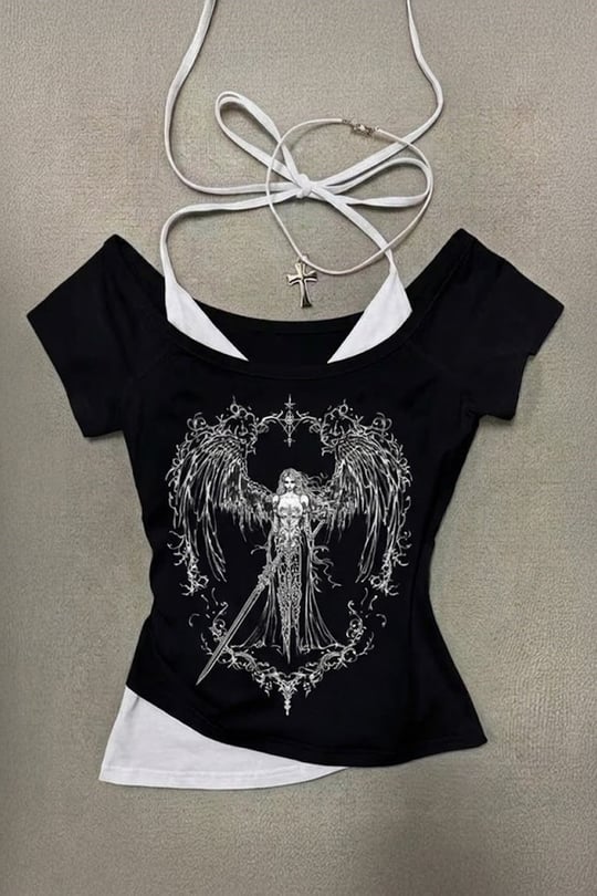 Siyah Sword Warriror Angel Madonna Yaka Ek Askılı Full Body Gotik Y2K Kısa Kollu Crop