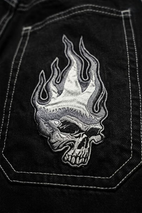 Siyah Ters Dikiş Flaming Skull Harajuku Y2K Unisex Baggy Pantolon