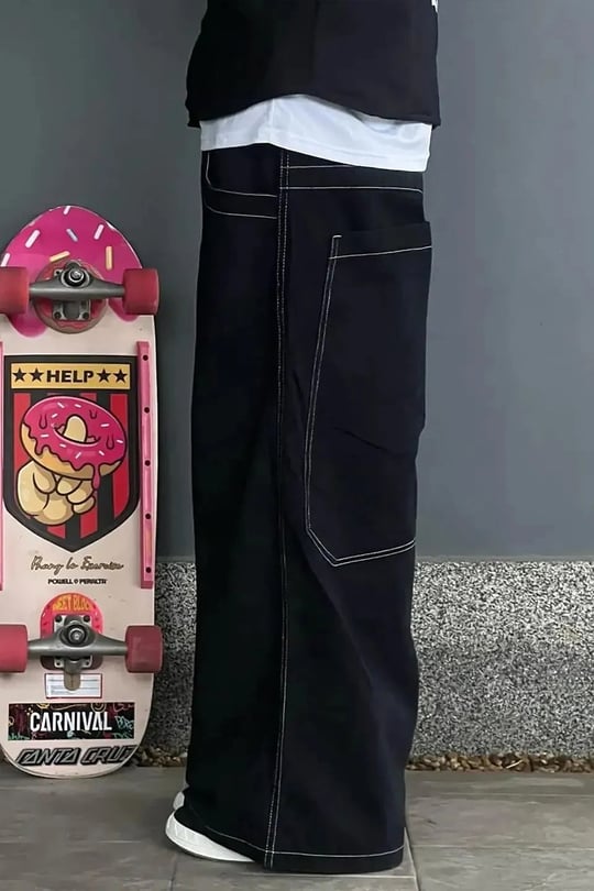 Siyah Ters Dikiş Skater Streetwear Y2K Unisex Baggy Pantolon