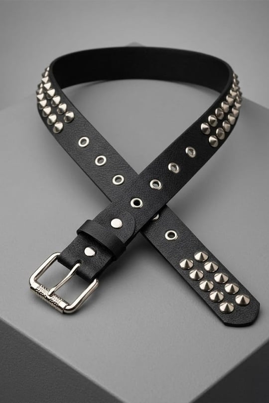 Siyah Üç Şeritli Piramit Metal Stud Gotik Deri Kemer