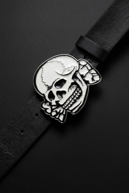 Siyah White Enamel SKull Deri Kemer